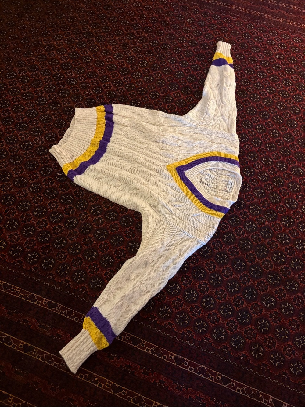 Rowing Blazers Cream Cable Knit V-Neck Sweater with Purple & Yellow Trim